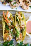 2 Grilled shrimp tacos with coconut lime chili sauce on platter p