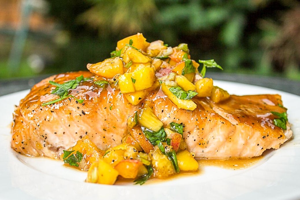 one maple salmon with peach salsa on plate f