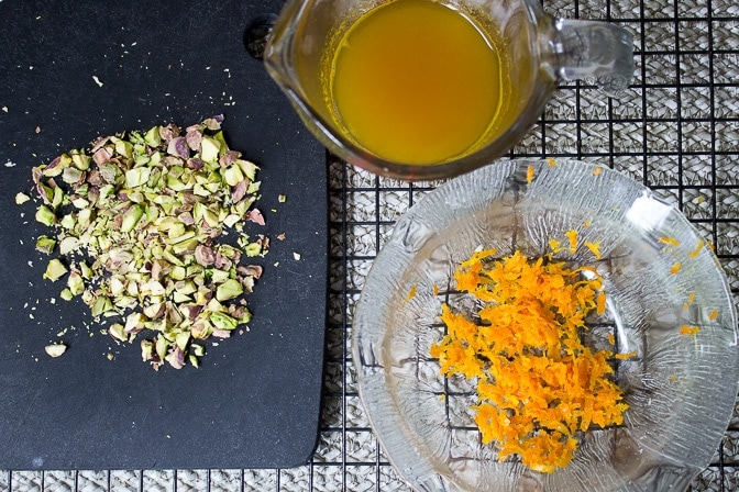 toppings - syrup, zest, chopped pistachios