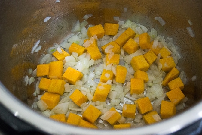Pumpkin and onion sauteing in instant pot