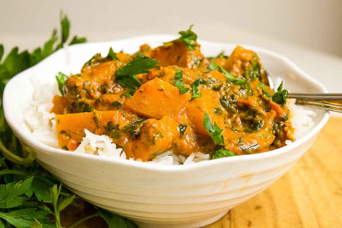Squash Curry over rice in bowl ff