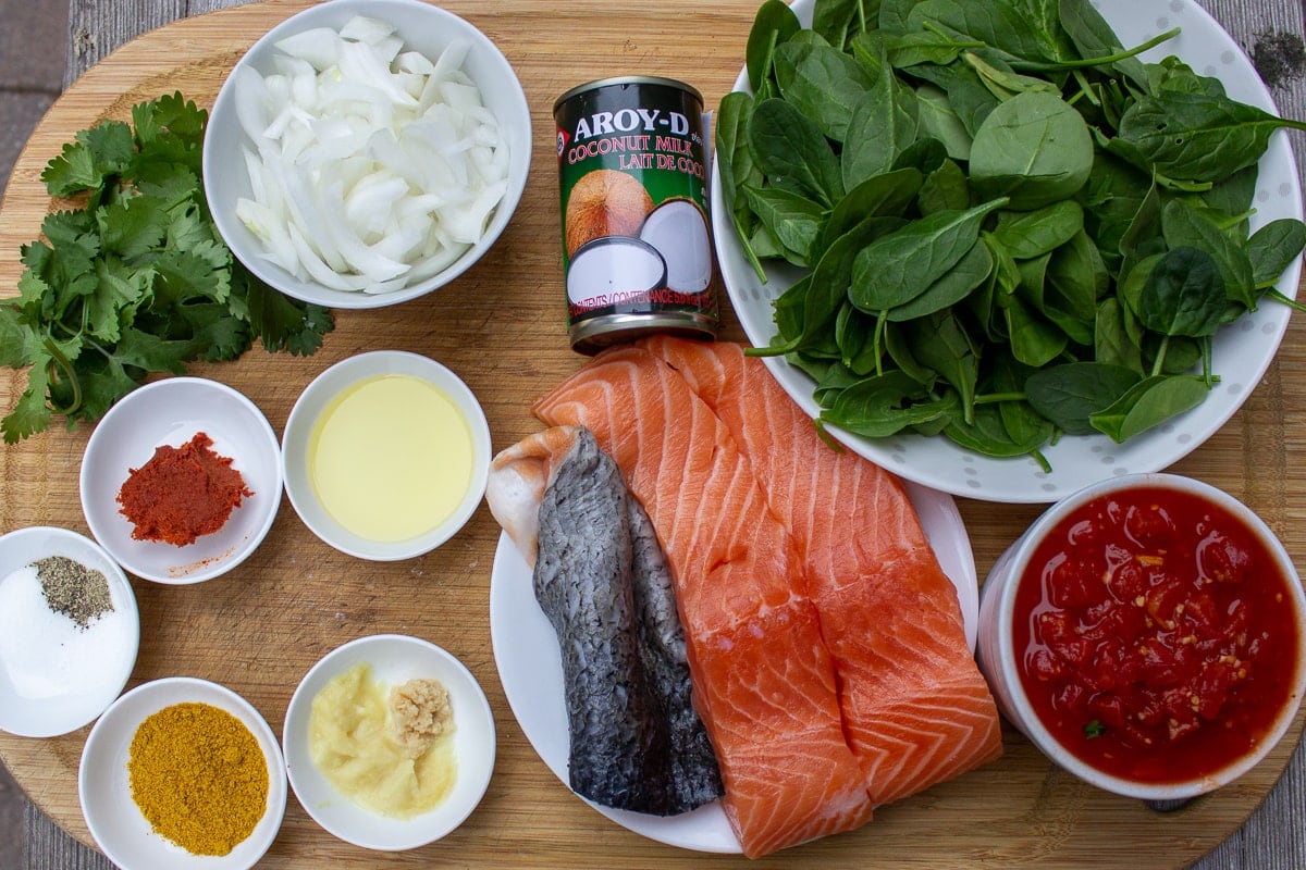 salmon, seasonings, curry, red curry paste, garlic, ginger, cilantro, oil, chopped onion, fresh baby spinach, coconut milk, diced tomatoes