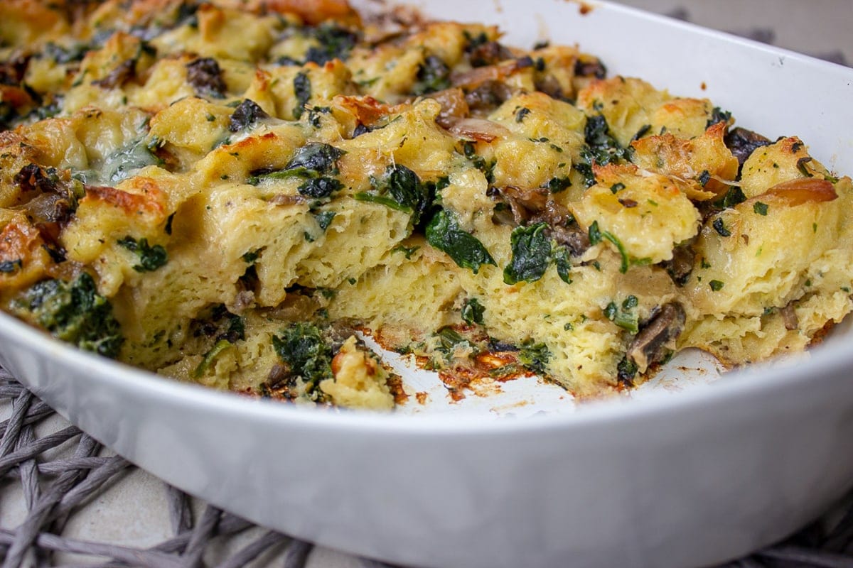 inside of breakfast strata in casserole dish