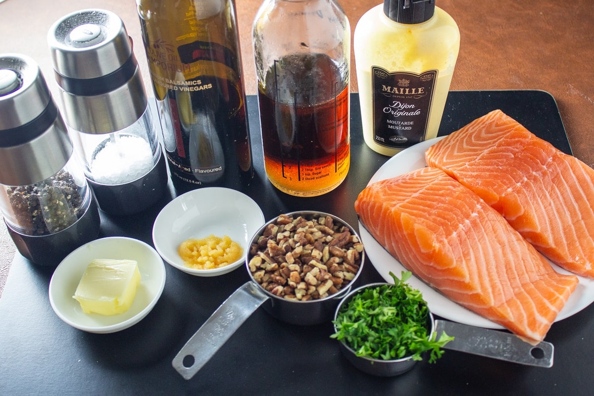 salmon filets, pecans, parsley, dijon, butter, balsamic, maple syrup