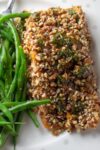 Pecan Crusted Salmon on plate with green beans