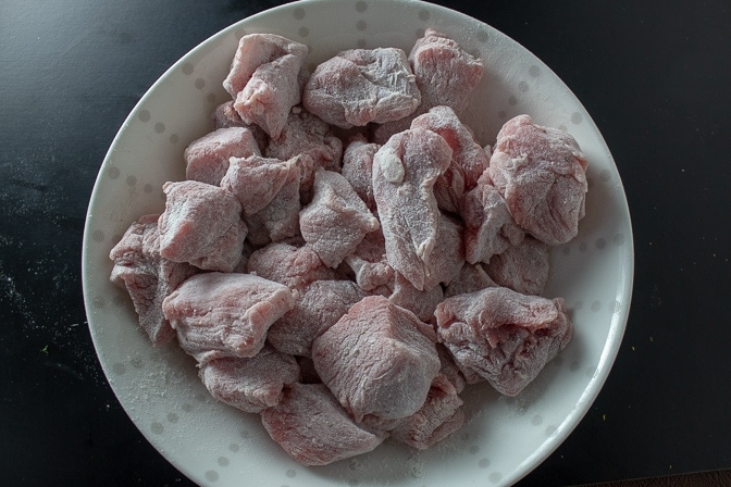 veal stew chunks dusted in flour