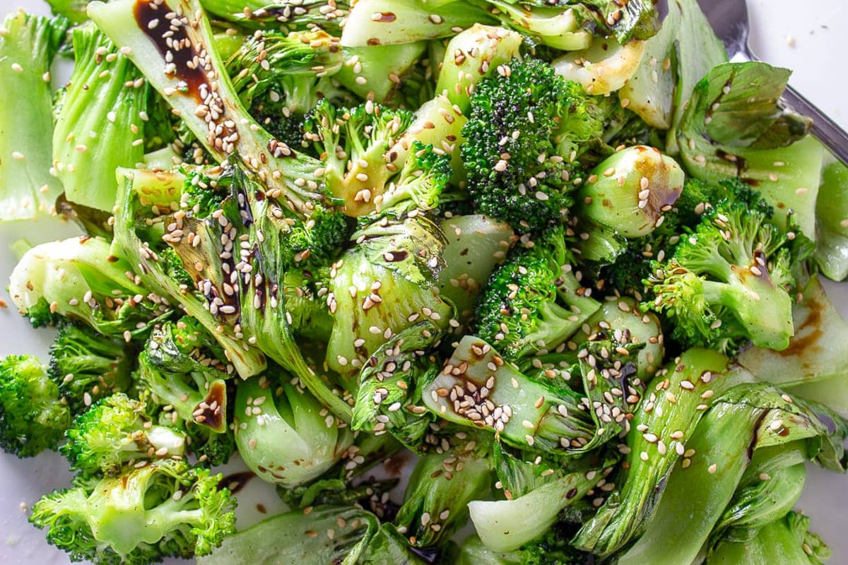 roasted bok choy garnished on plate