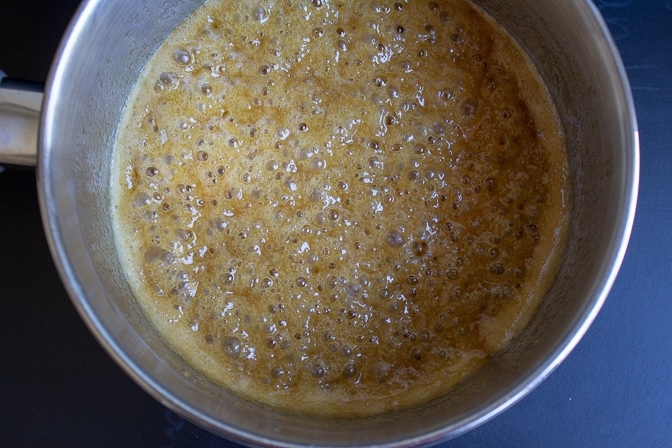 caramel toffee mixture boiling in pot