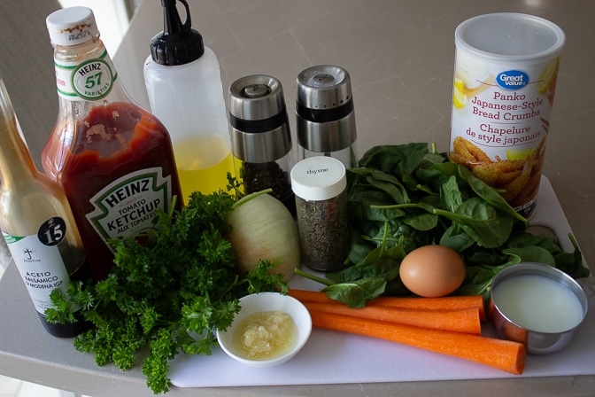 Filling for Chicken Meatloaf with Vegetables breadcrumbs, ketchup. balsamic vinegar, thyme, salt, pepper, milk, egg, parsley, garlic, carrots, onion