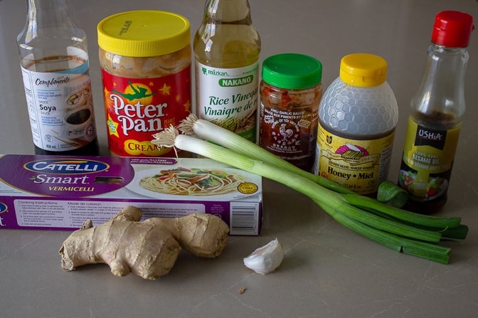 ingredients - spaghettini, peanut butter, chili sauce, soy sauce, honey, garlic, green onions, ginger, sesame oil