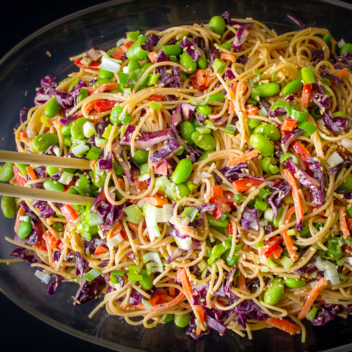 peanut noodles on glass plate f