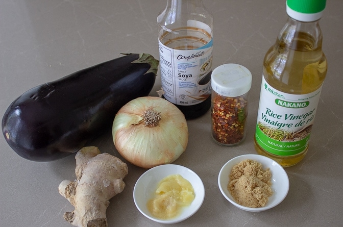ingredients - eggplant, onion, garlic, ginger, chili flakes, rice wine vinegar, soy sauce, brown sugar