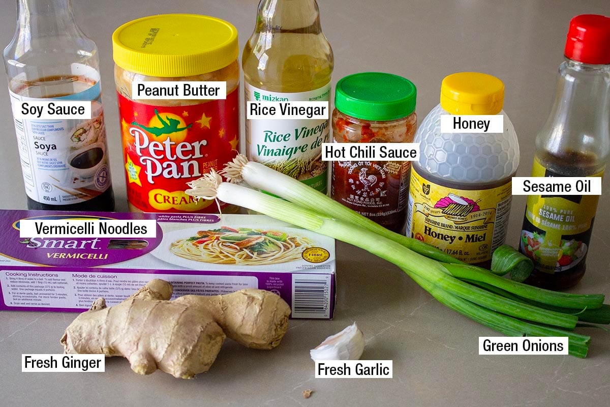 Vermicelli noodles, soy sauce, peanut butter, rice vinegar, hot chili sauce, honey, sesame oil, green onions, fresh ginger, fresh garlic.