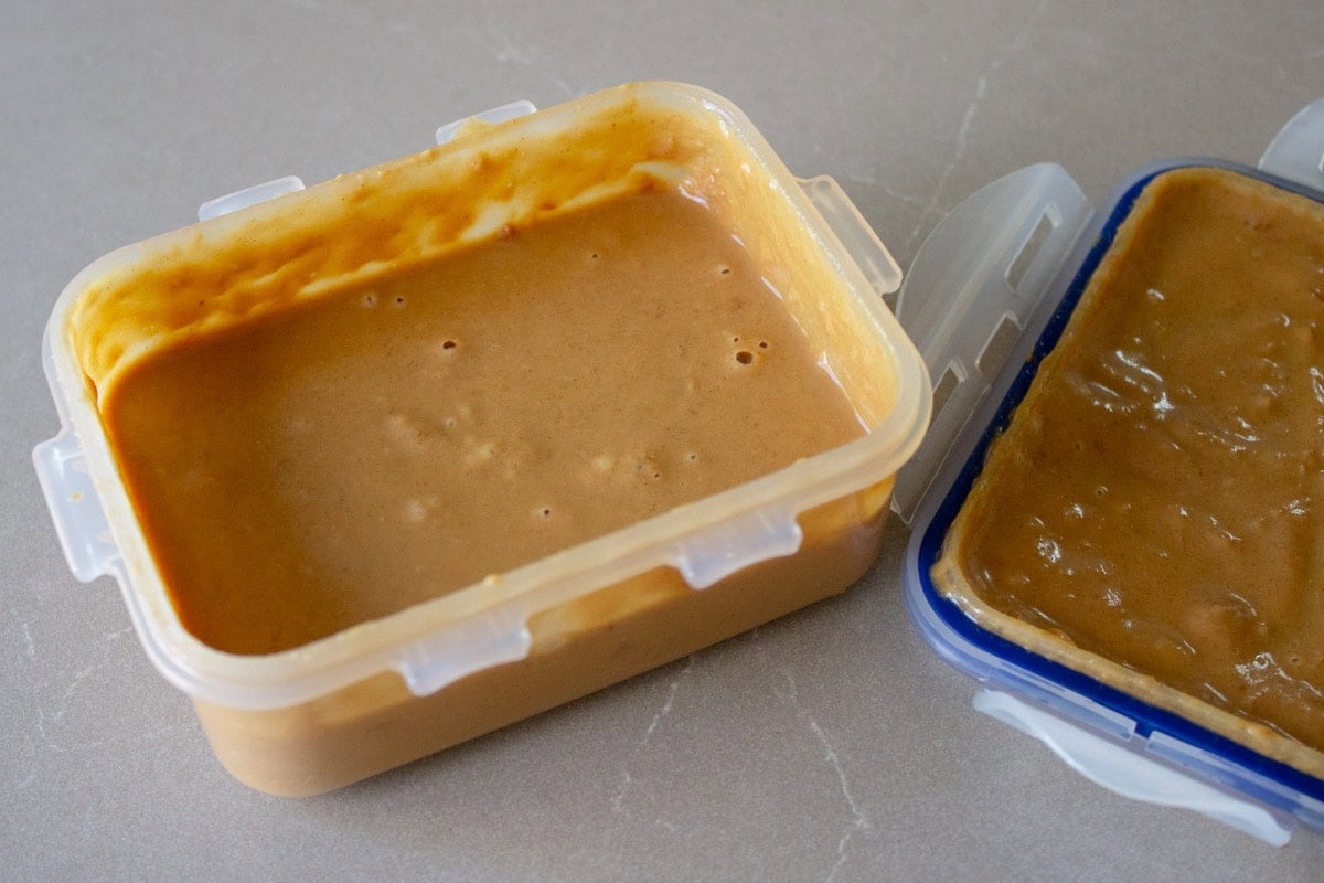 Peanut sauce in sealed container.