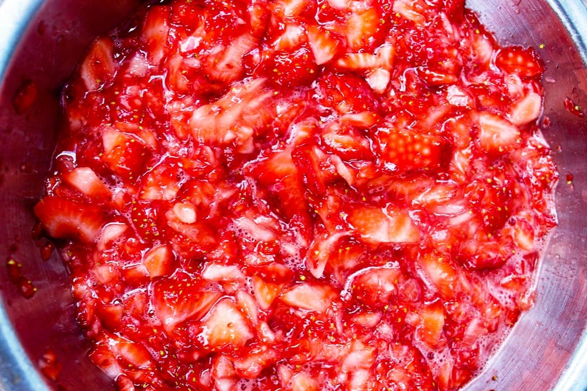 bowl of squished strawberries and sugar