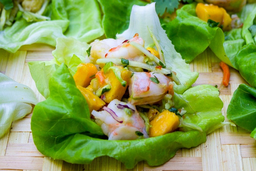 Shrimp Lettuce Wrap with Mango Slaw close up on tray