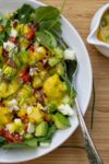 Mango Salad Dressing on salad in bowl with extra pitcher of dressing beside it p