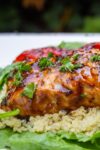 ceder planked salmon on bed of quinoa and spinach with grilled peppers p4