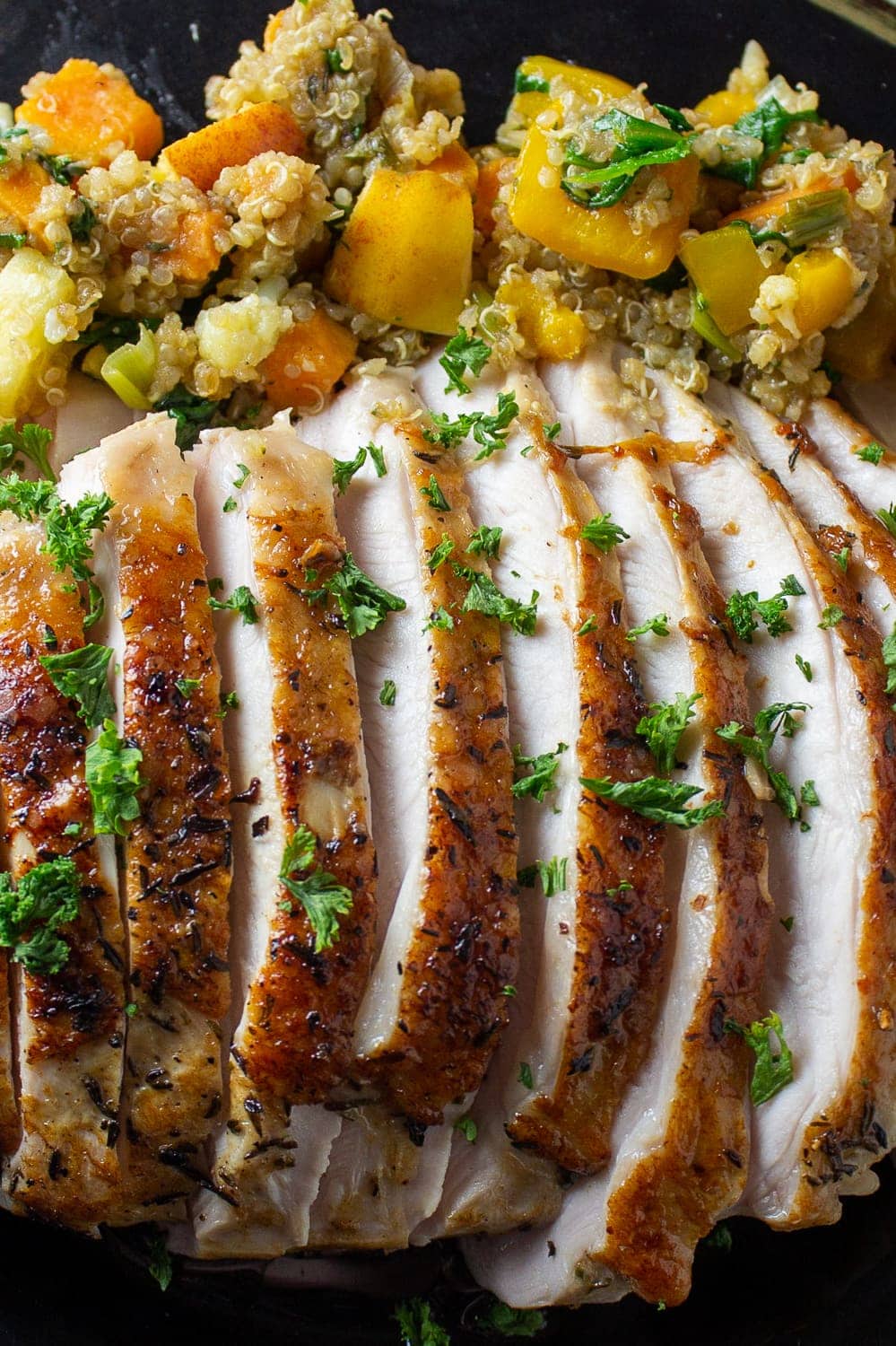 sous vide turkey breast sliced on plate with stuffing p4