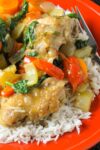 chicken and vegetables in sauce on plate with rice p