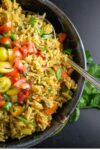 instant pot veggie rice in a bowl with tomato salad on top p