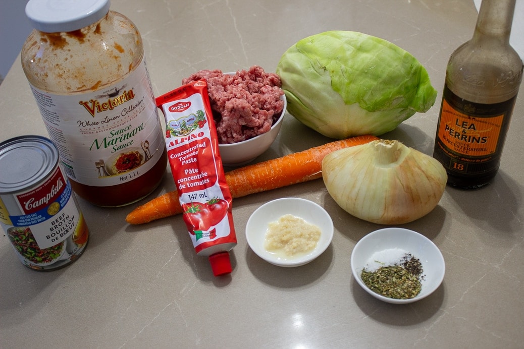 ground beef, tomato sauce, tomato paste, cabbage, onion, garlic, carrot seasonings
