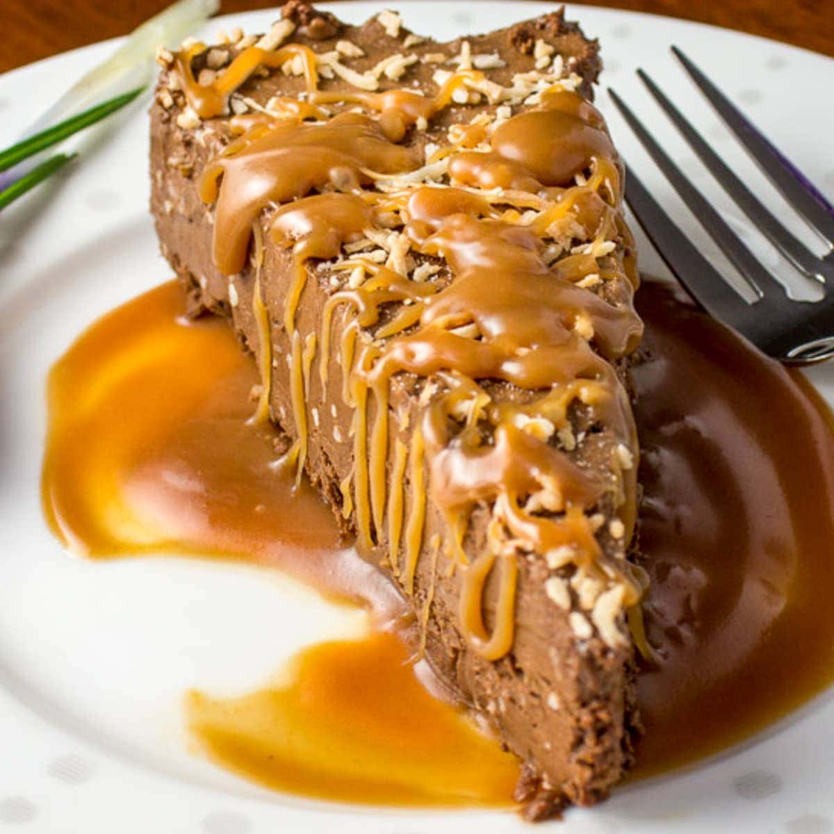 Crustless Chocolate Mousse Pie with Warm Caramel Sauce