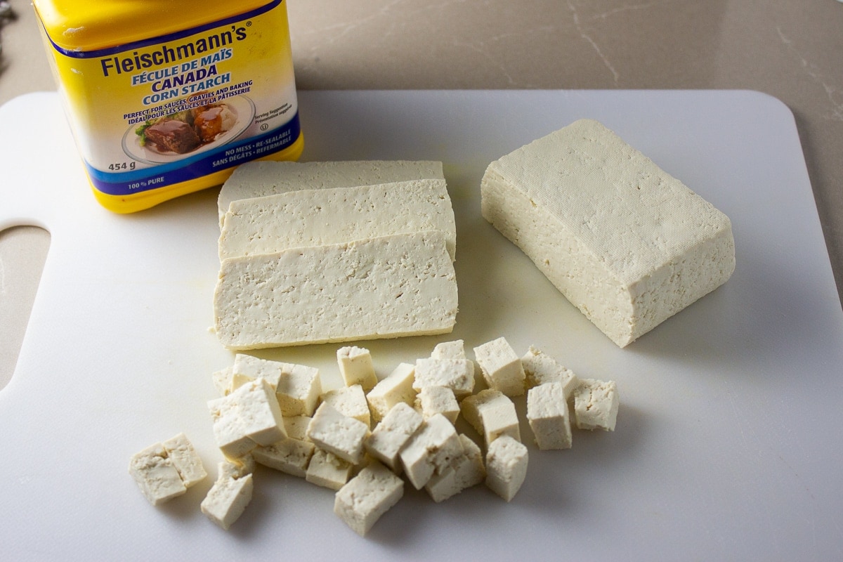 tofu cubed and dusted with cornstarch