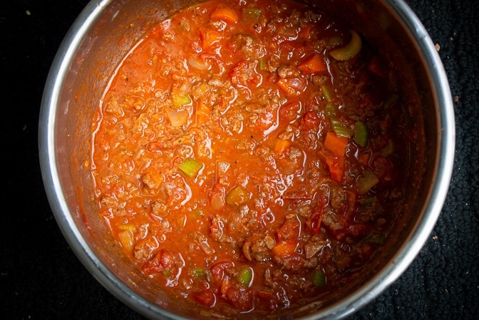 pot of vegetarian bolognese ready for cooking