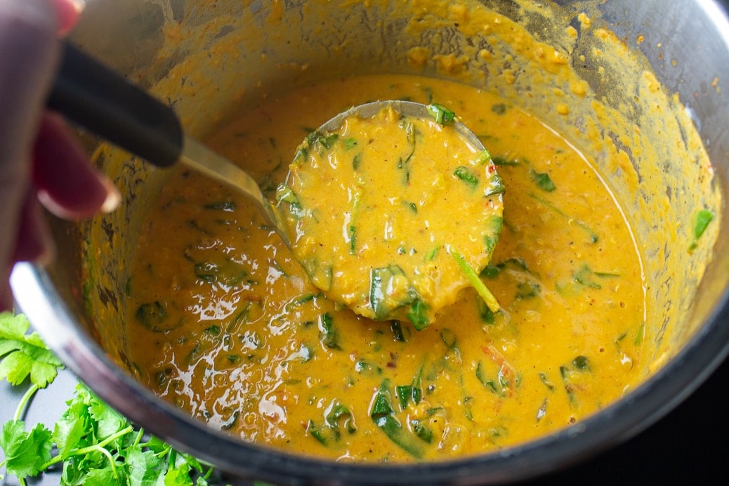 Curried Lentil Soup in pot with ladle scooping some out