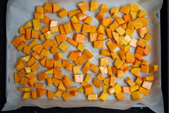 butternut squash on pan ready for roasting
