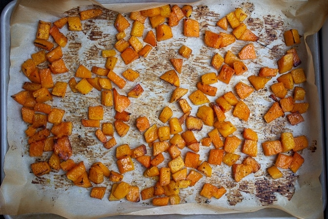 roasted butternut squash on pan