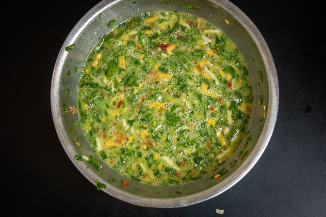 mixture of eggs and chopped vegetables in bowl
