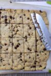 cooled chocolate chip cookie bars cut into squares in pan p