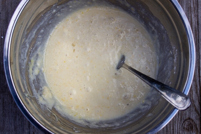 pancake batter wet and dry mixed in bowl