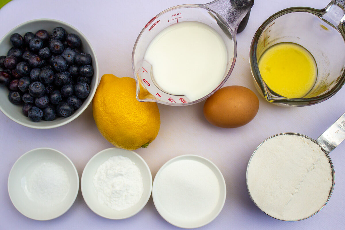 blueberries, lemon, milk, melted butter, egg, salt, sugar, baking powder, flour