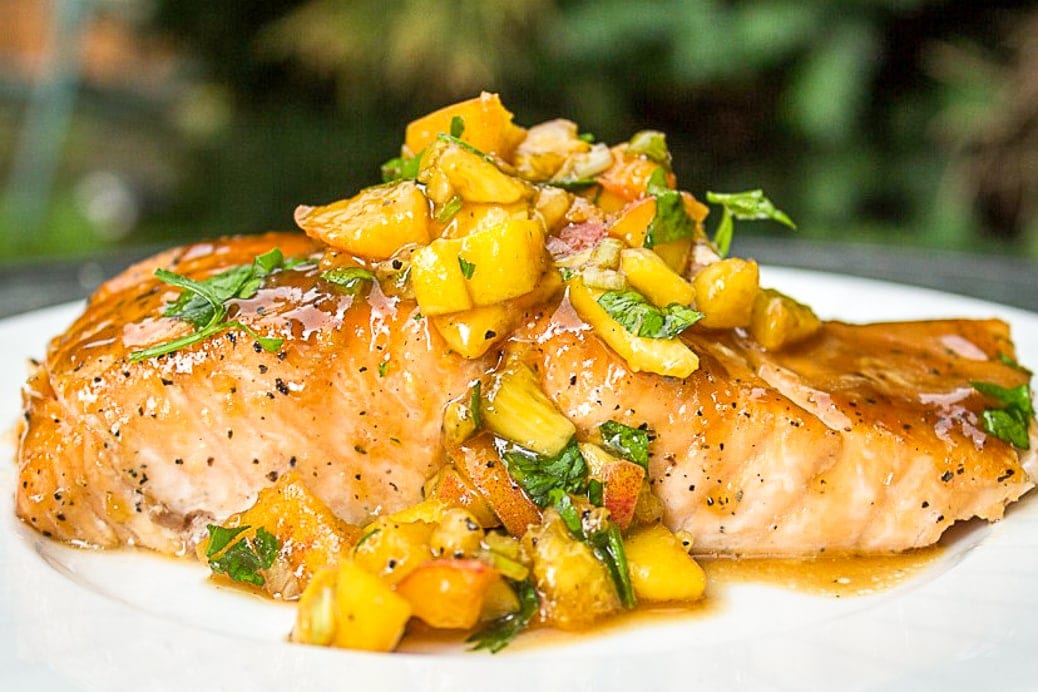one maple salmon with peach salsa on plate ff