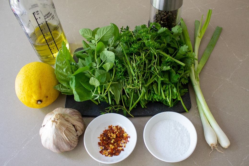 mixed herbs, olive oil, chili flakes, garlic, salt, green onion, pepper