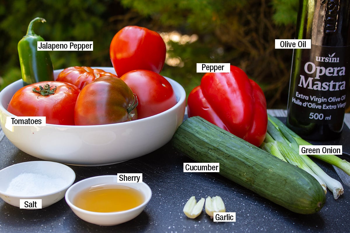 Tomatoes, pepper, cucumber, green onion, garlic, sherry, garlic, salt, olive oil, jalapeno pepper.