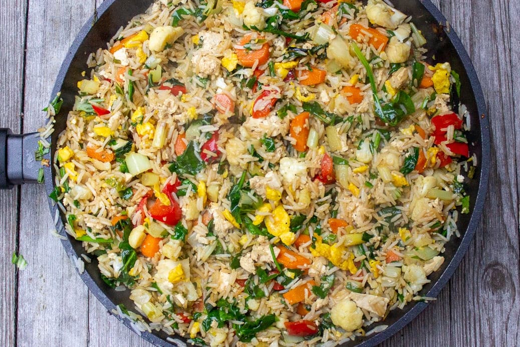 Chinese vegetable fried rice in a pan