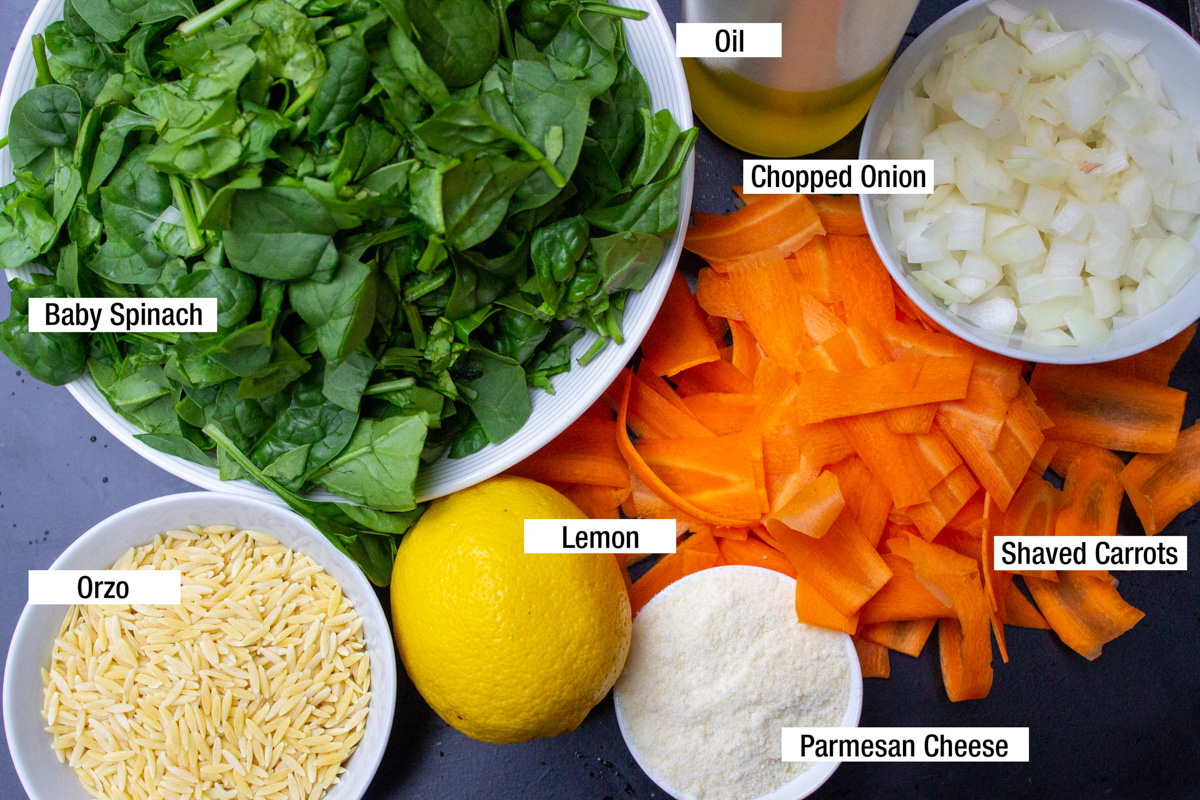 orzo, baby spinach, shaved carrots, lemon, parmesan, onion, oil