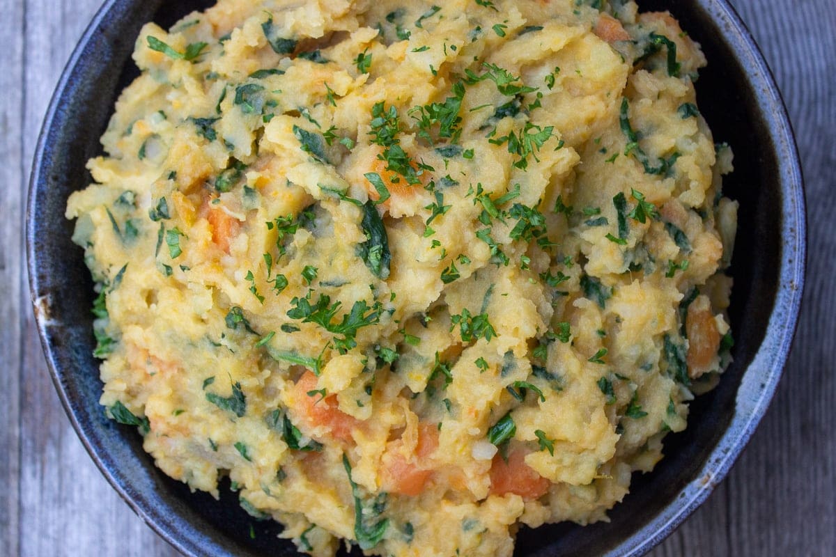 root vegetable mash in bowl top view