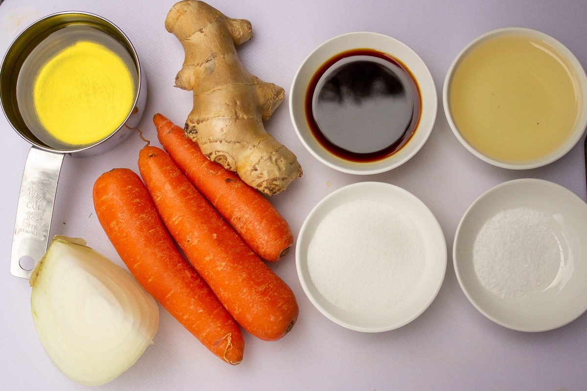 carrots, ginger, onion, oil, soy, rice vinegar, sugar, salt