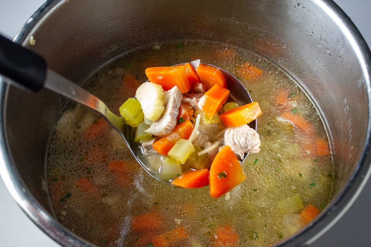 ladle of turkey soup over instant pot