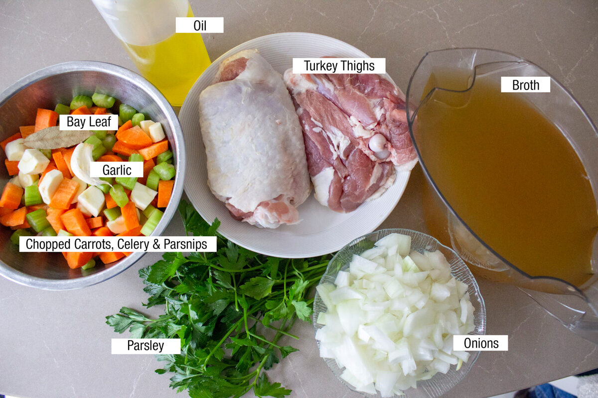 raw turkey thighs, carrots, celery, onions, broth, parsley, oil