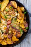 roasted chicken and potatoes in skillet p
