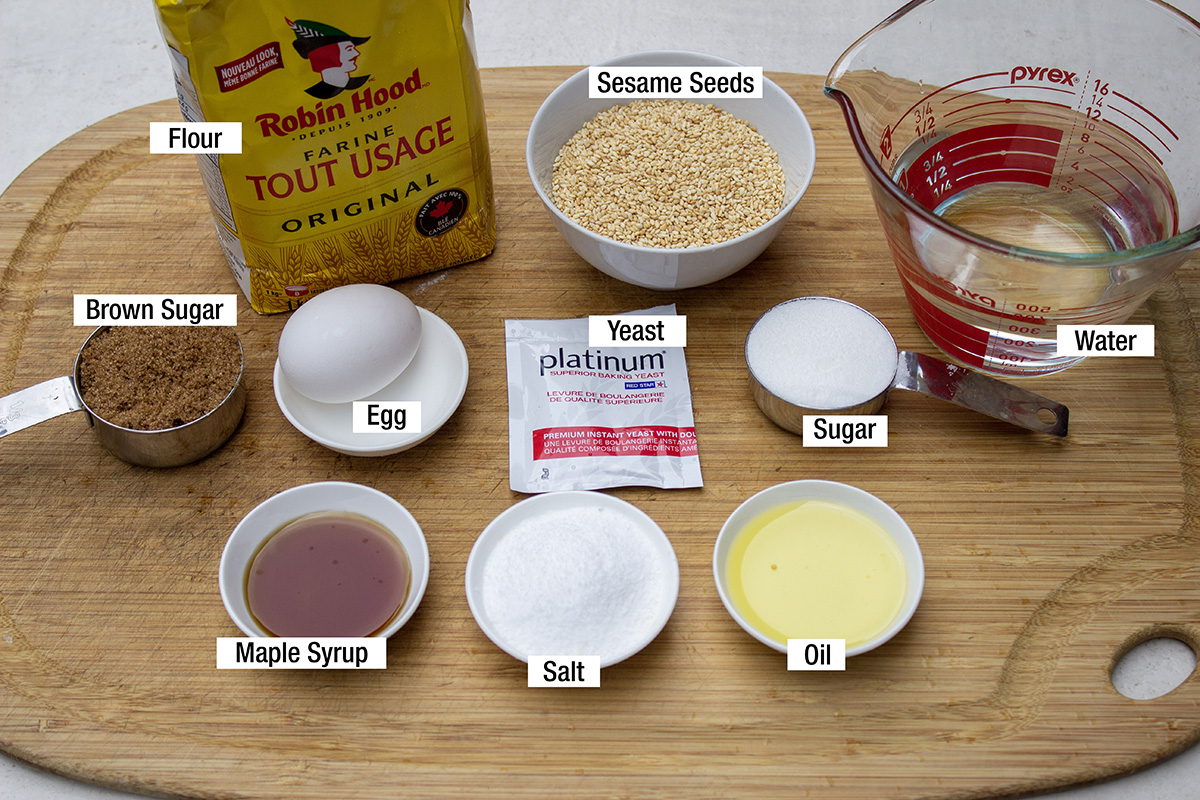 flour, sesame seeds, water, sugar, salt, yeast, egg, maple syrup, brown sugar, oil.