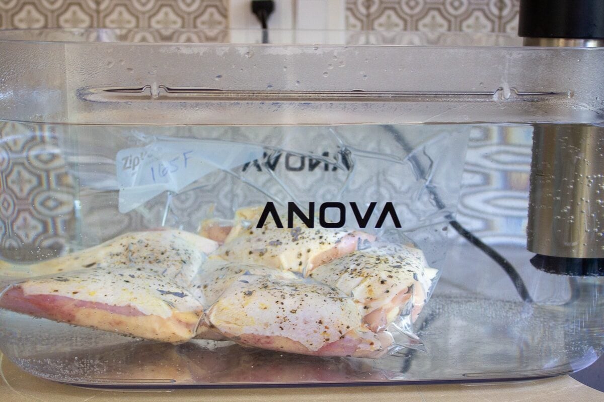 chicken thighs in bag in water bath