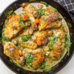 chicken fricassee top view in skillet f