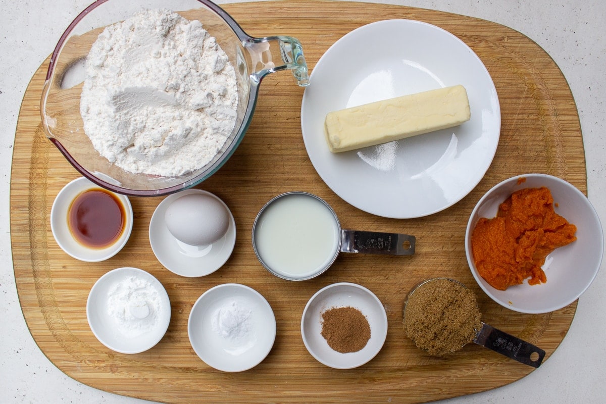 flour, butter, vanilla, seasoning, buttermilk, brown sugar, pumpkin puree, egg